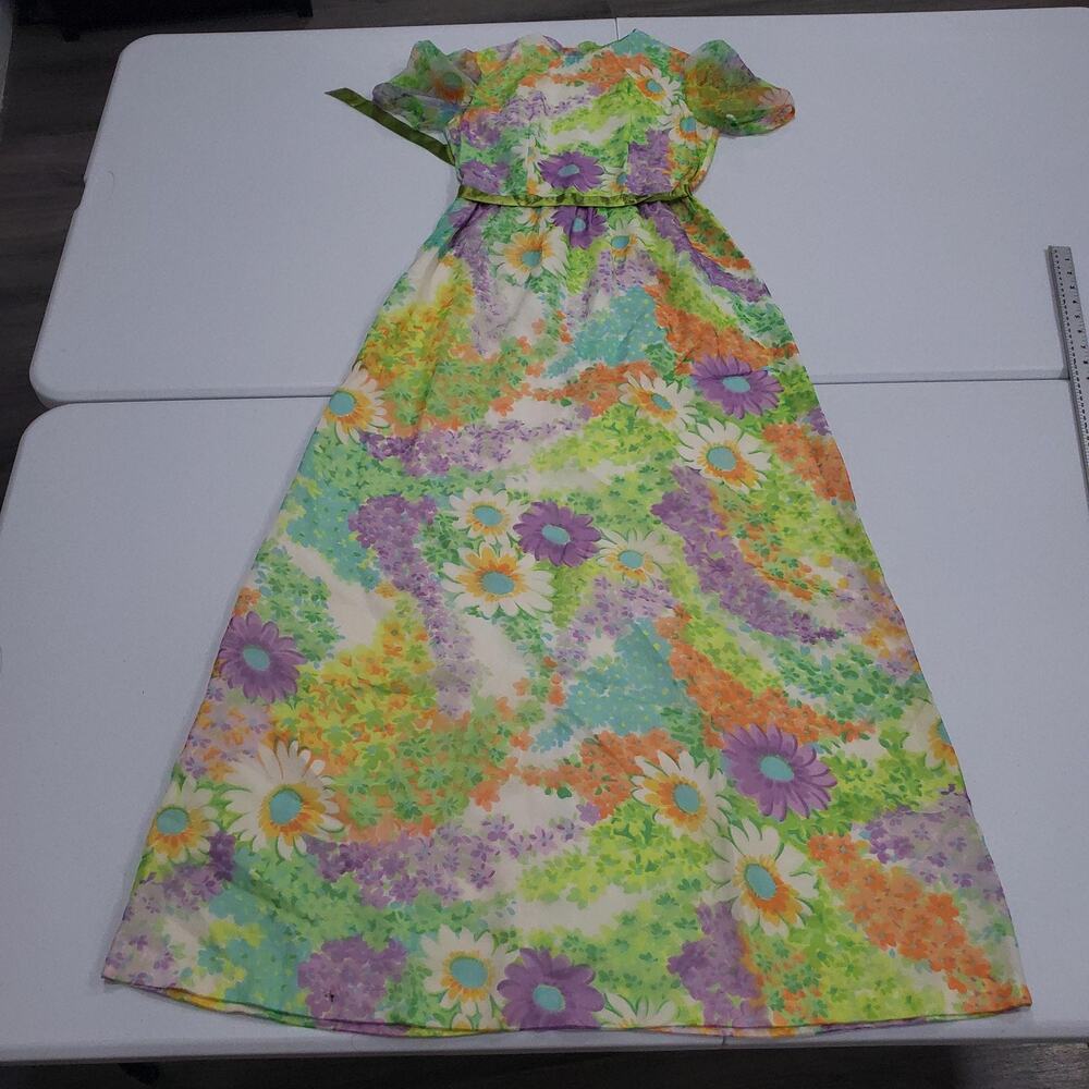 Vintage Daisy Floral Maxi Dress Womens Small Puff Sleeve Sheer Overlay Belt 60s